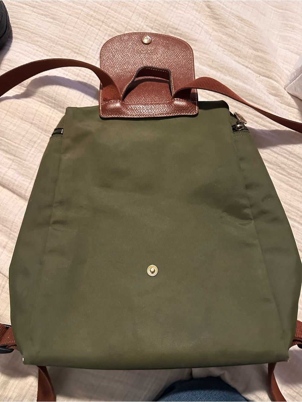 Longchamp Olive Green Nylon Backpack with Brown Leather Flap - Picture 5 of 8